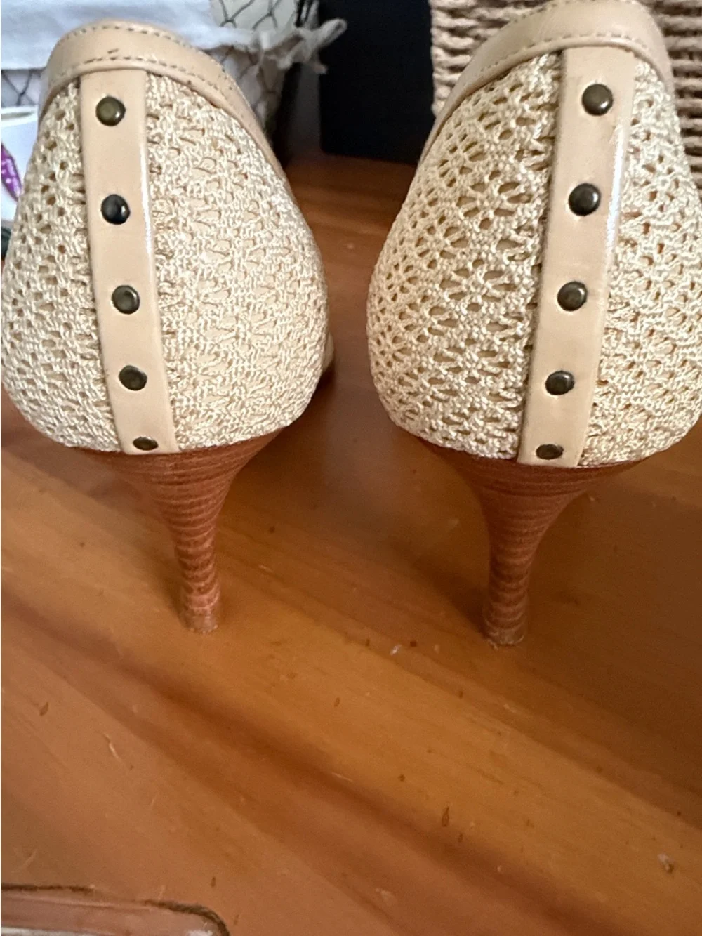 Stuart Weitzman Vintage Pointed Toe Cream Woven Pumps with Stud Accent